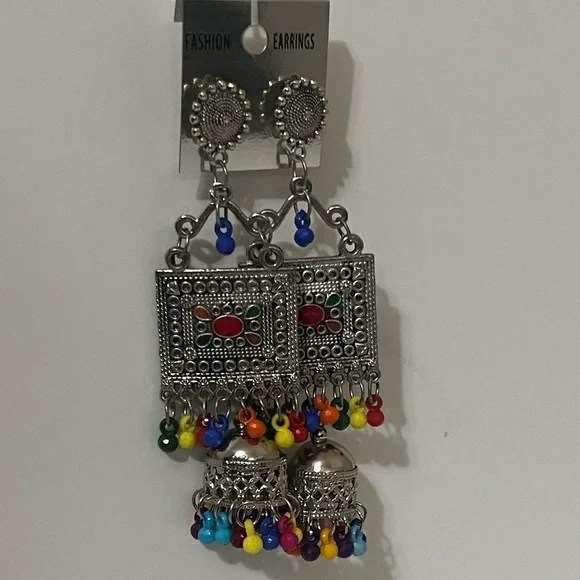 NWT | Boho Tribal Statement Earrings Silver Tone Multicolor Beaded - Picture 1 of 3